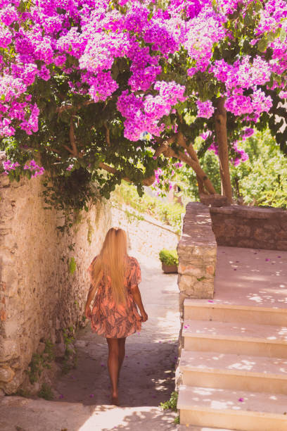 istock Beautiful girl walking under a blossoming tree 688150660