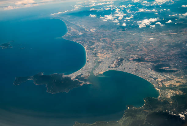 Danag, Vietnam : High view from airplane. Showing port of Danang, Danag International Airport stock photo