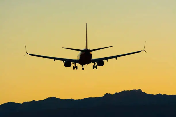 Airplane prepares to land at McCarran International Airport, Las Vegas, Nevada.