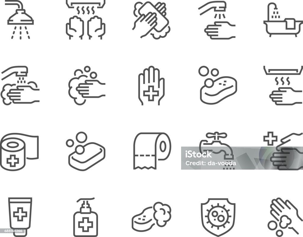 Line Hygiene Icons Simple Set of Hygiene Related Vector Line Icons. Contains such Icons as Washing Hands, Shower, Antibacterial Soap and more. Editable Stroke. 48x48 Pixel Perfect. Icon Symbol stock vector