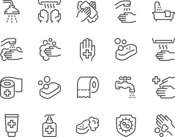 Line Hygiene Icons Simple Set of Hygiene Related Vector Line Icons. Contains such Icons as Washing Hands, Shower, Antibacterial Soap and more. Editable Stroke. 48x48 Pixel Perfect. soap sud stock illustrations