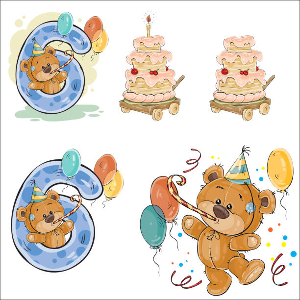 illustrations, cliparts, dessins animés et icônes de ensemble d’illustrations vectorielles avec ours en peluche brun, gâteau d’anniversaire et numéro 6. - teddy bear number 6 characters anniversary