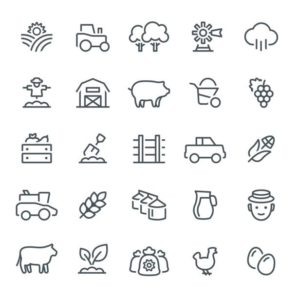 Farming and Agriculture Icons Farm, agriculture, harvest, icon, icon set, silos, barn, planting farmer symbols stock illustrations