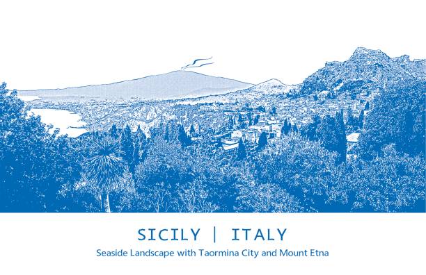 stockillustraties, clipart, cartoons en iconen met mooie eiland sicilië, italië. zeegezicht met de vulkaan etna en italiaanse steden (catania en taormina). blauw gekleurde afbeelding. - sicilië