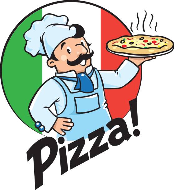 ilustrações de stock, clip art, desenhos animados e ícones de emblem of funny cook or baker with pizza and - characters cooking chef bakery