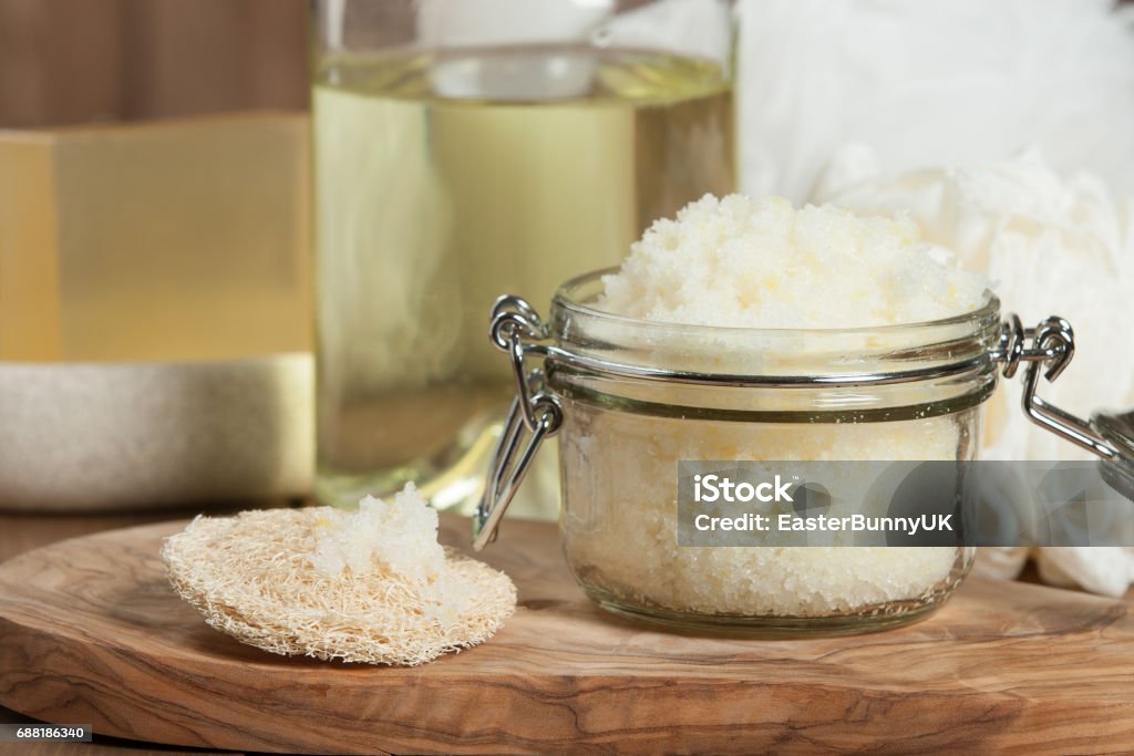 Handmade Lemon Scrub With Coconut Oil. Toiletries, Spa Set. Handmade Lemon Scrub With Coconut Oil. Toiletries, Spa Set Exfoliation Stock Photo