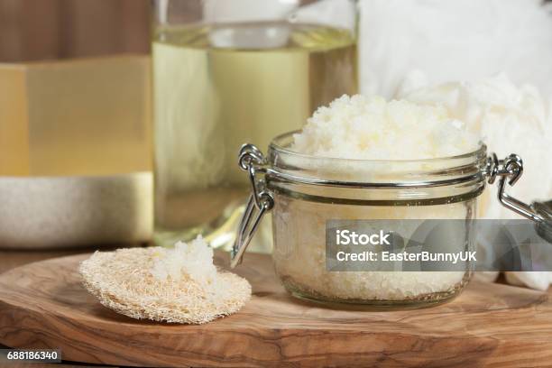 Handmade Lemon Scrub With Coconut Oil Toiletries Spa Set Stock Photo - Download Image Now