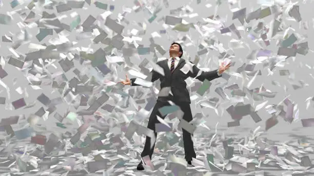 businessman under paper sheets fall
