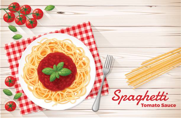 illustrazioni stock, clip art, cartoni animati e icone di tendenza di spaghetti al sugo di pomodoro e basilico - spaghetti crudi