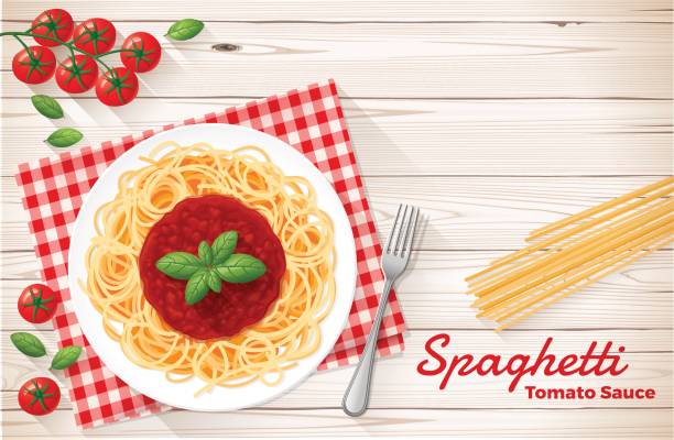 спагетти с томатным соусом и базиликом - pasta italian cuisine food italian culture stock illustrations