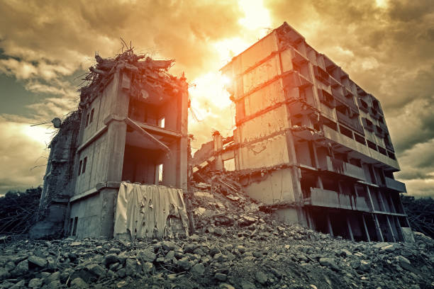 istock Post-apocalyptic destroyed building in city 688225590