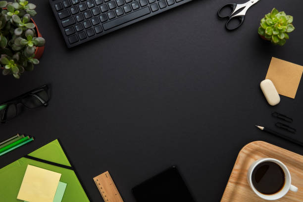 istock Office Equipment And Computer Keyboard Arranged On Gray Desk 688233422