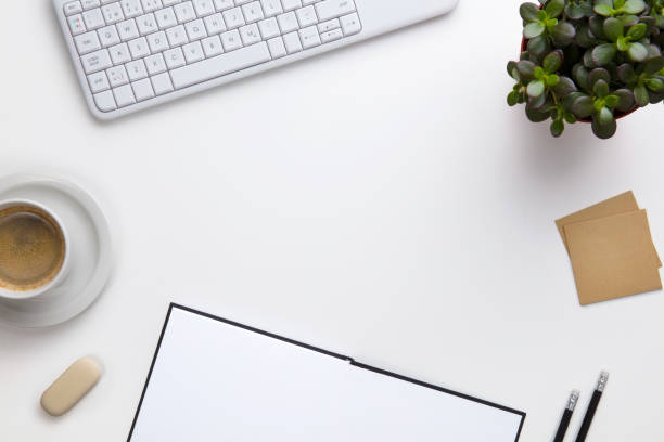 istock Keyboard With Coffee Cup And Office Supplies On White Desk 688233482