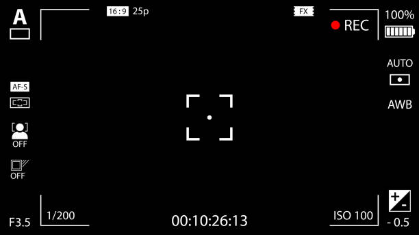 istock Modern digital video camera focusing screen with settings. Black viewfinder camera recording. Vector illustration 688249060