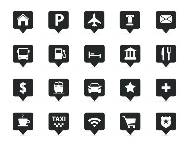 ilustraciones, imágenes clip art, dibujos animados e iconos de stock de conjunto de iconos de tráfico, mapas, navegación, dirección - icon set computer icon symbol hotel