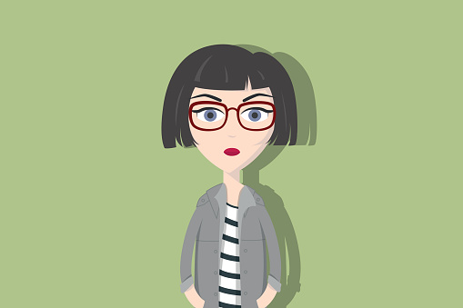 Hipster Cartoon Character Woman With Dark Short Hair Red Glasses And  Cardigan Flat Vector Illustration Stock Illustration - Download Image Now -  iStock