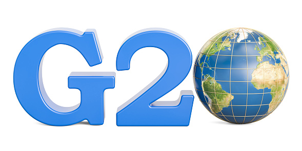 G20 concept with Earth globe, 3D rendering isolated on white background. The source of the map - http://visibleearth.nasa.gov/view.php?id=57730