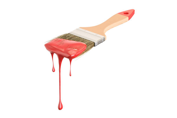 pennello con vernice rossa, rendering 3d isolato su sfondo bianco - paintbrush paint drop red foto e immagini stock