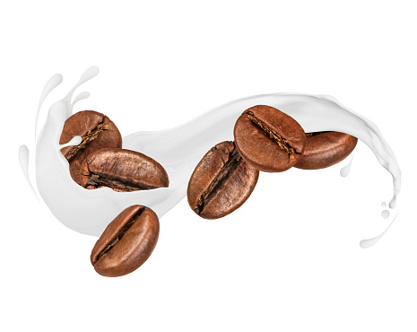Coffee beans with milk splashes isolated on white background