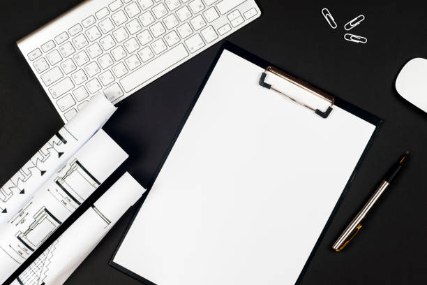 istock Office black desk table with white computer, supplies. 688278518