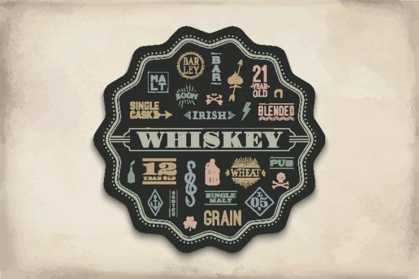 Coaster for whiskey and alcohol beverage Coaster for whiskey and alcohol beverage. Black circle for placing whiskey glass over it with drawings and lettering. Vintage drawing for bar, pub and whiskey themes. Vector Illustration irish punt note stock illustrations
