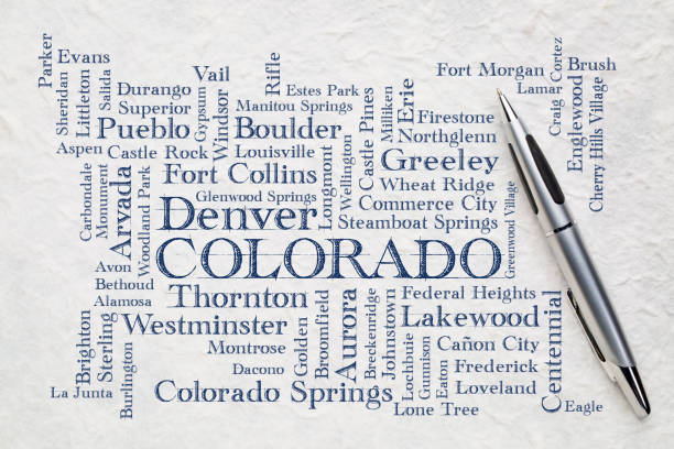 major cities of Colorado word cloud on a lokta paper major cities of Colorado (with population more than 5000) word cloud - handwriting on a white lokta paper steamboat springs photos stock pictures, royalty-free photos & images