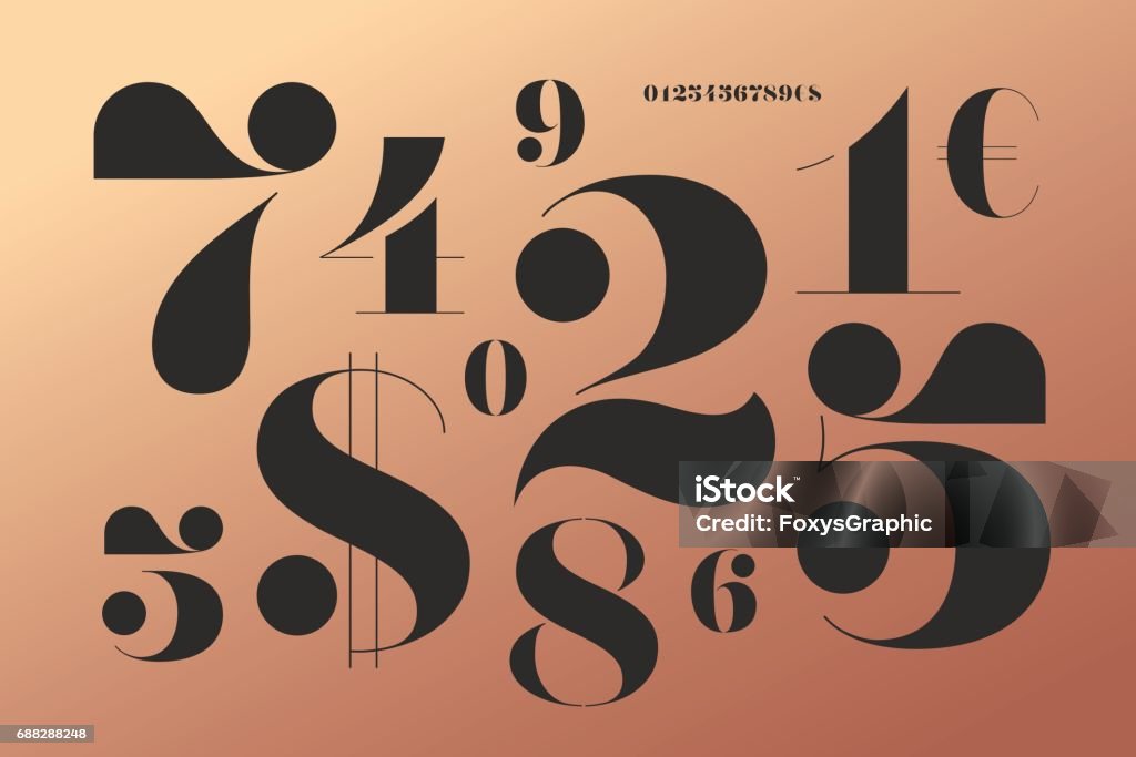 Font of numbers in classical french didot style Font of numbers in classical french didot style with contemporary geometric design. Beautiful elegant stencil numeral, dollar and euro symbols. Vintage and retro typographic. Vector Illustration Number stock vector