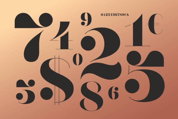 Font of numbers in classical french didot style Font of numbers in classical french didot style with contemporary geometric design. Beautiful elegant stencil numeral, dollar and euro symbols. Vintage and retro typographic. Vector Illustration number 2 illustrations stock illustrations