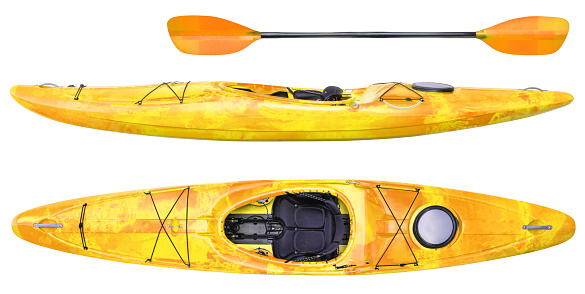 side and top view of crossover kayak (whitewater and river running kayak) and paddle isolated on white