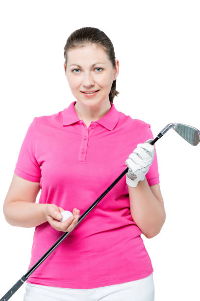 istock Vertical portrait of a golfer with equipment on a white background 688306848