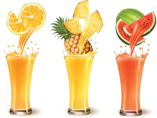 Set of fruit juice splash in a glass. Set of fruit juice splash in a glass. Orange, pineapple and watermelon. Vector yellow melons field stock illustrations
