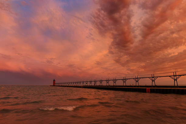 Lighthouse and Pier in south Haven Michigan at sunrise