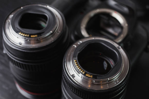 istock Two lenses and a camera mount. Contacts of the microprocessor on the lens for connection to the camera. 688314928