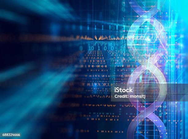 Dna Molecules On Abstract Technology Background Stock Photo - Download Image Now - Abstract, Banking, Blockchain