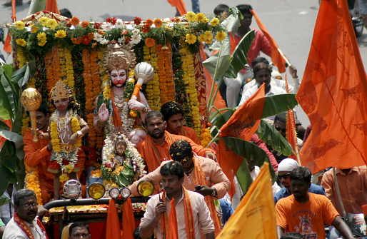 HYDERABAD,INDIA-APRIL 16:Hindu devotess take a Hanuman Jayanthi Shobha Yatra of Hanuman god ,a devotee of Lord Rama in Hyderabad,india on April 16,2014.