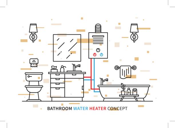 Bathroom water heater geyser vector illustration Bathroom water heater geyser vector illustration with colorful elements. Bathroom interior with domestic boiler graphic design. bathroom geyser stock illustrations