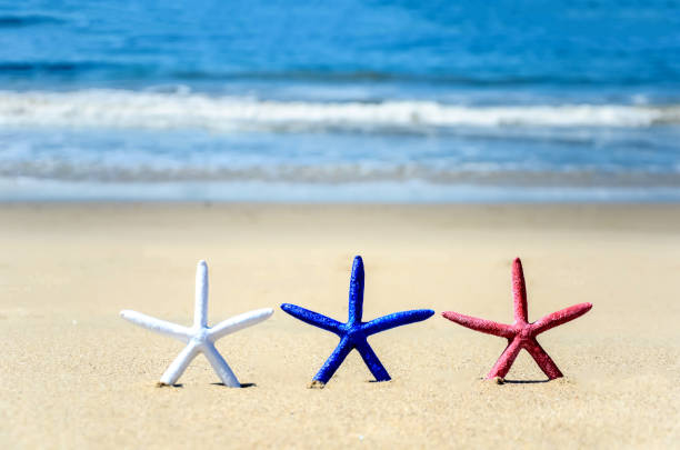 Patriotic USA background with decorations on the sandy beach
