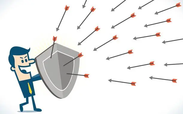 Vector illustration of Man using shields for self-defense arrows attack