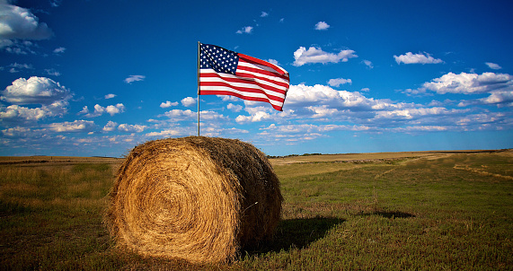 Huge bale of hay holding an American flag on a beautiful summer day in a farm field in Colorado