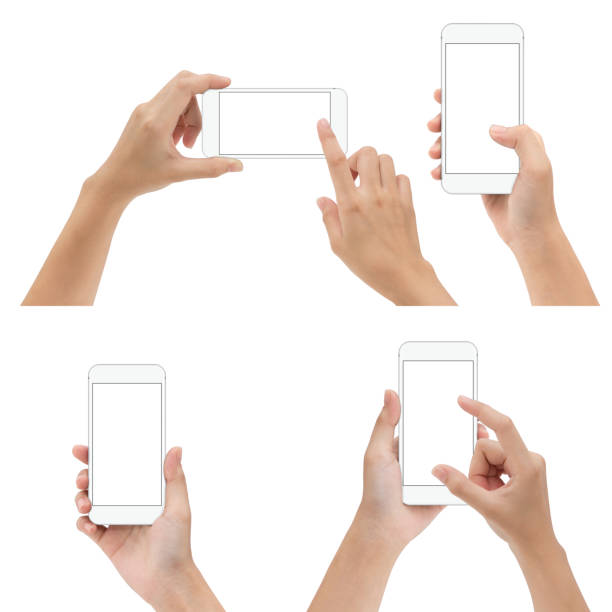 istock hand gesture hold and using white phone isolated on white background 688332058