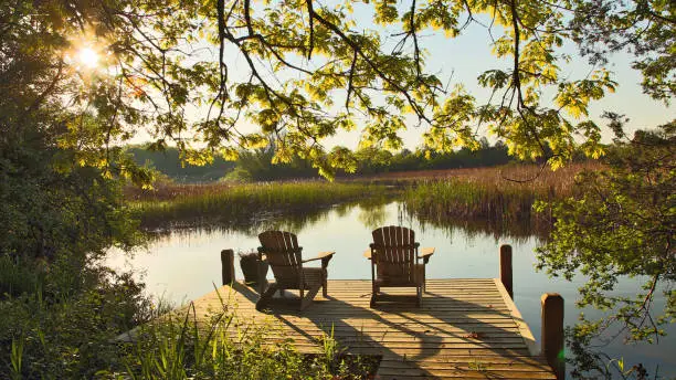 Photo of Tranquil Lake Scene with Two Adirondack Chairs
