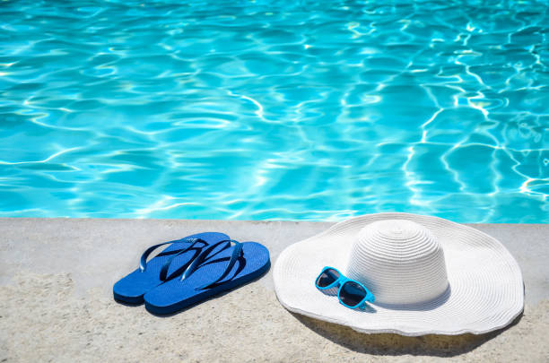 istock Summer background with hat, flip flops and sunglasses near the pool 688337920