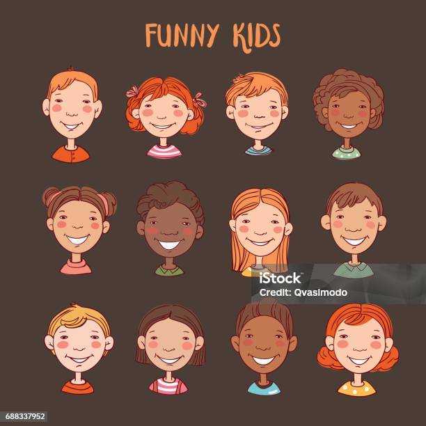 Happy Children Different Cartoon Faces Icons Cute Boys And Girls Collection Stock Illustration - Download Image Now