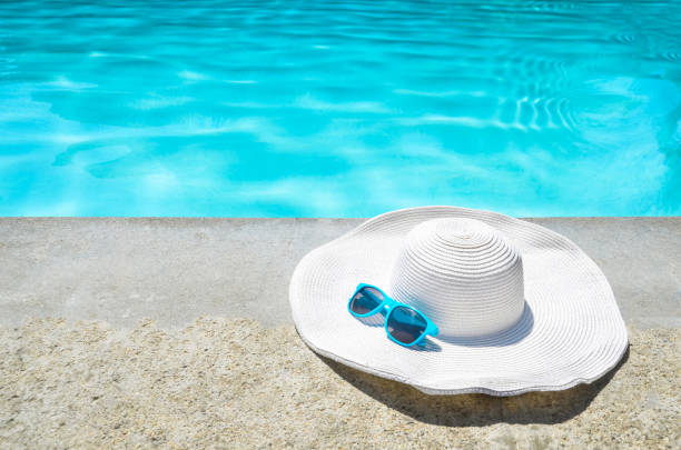 istock Summer hat and sunglasses near the pool 688338130