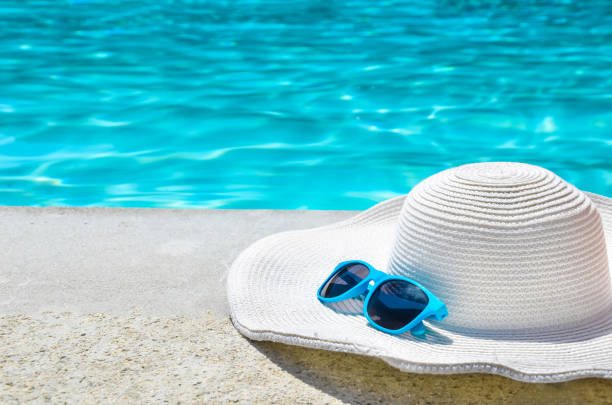 istock Summer hat and sunglasses near the pool 688338144