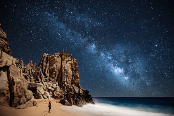 Stargazing in Mexico Lone person stargazing by the ocean in Cabo San Lucas astronomer photos stock pictures, royalty-free photos & images