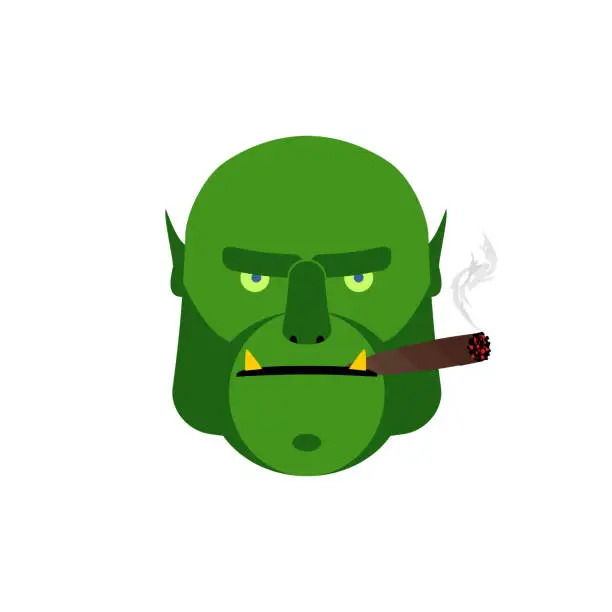 Vector illustration of Angry ogr with cigar. Aggressive green monster isolated