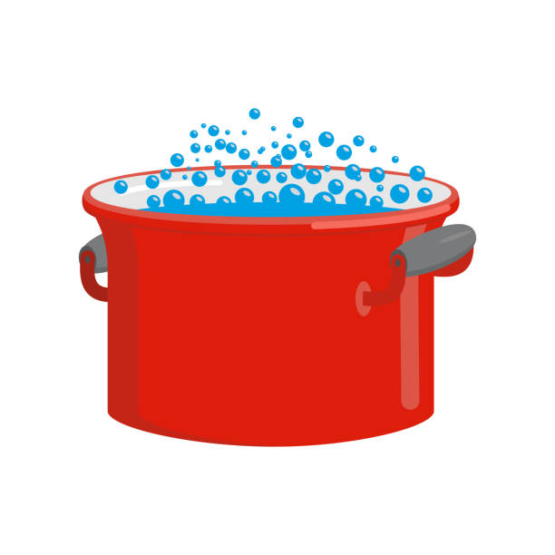 ilustrações de stock, clip art, desenhos animados e ícones de red pan with water isolated. kitchen utensils for cooking - saucepan fire steam soup