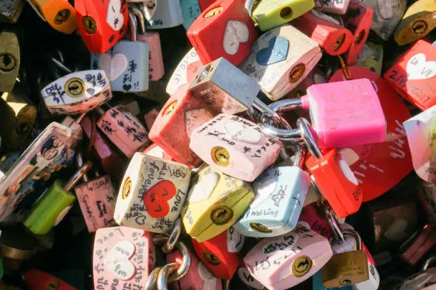 Photo of colorful locks symbol of love at N Seoul Tower taken in South Korea