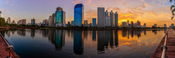 istock Landscape panorama skyscraper business district at dawn sky 688376698